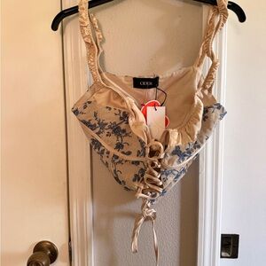 NTW Cider Romantic Tan and Blue Floral Lace-Up Blouse Corset crop top